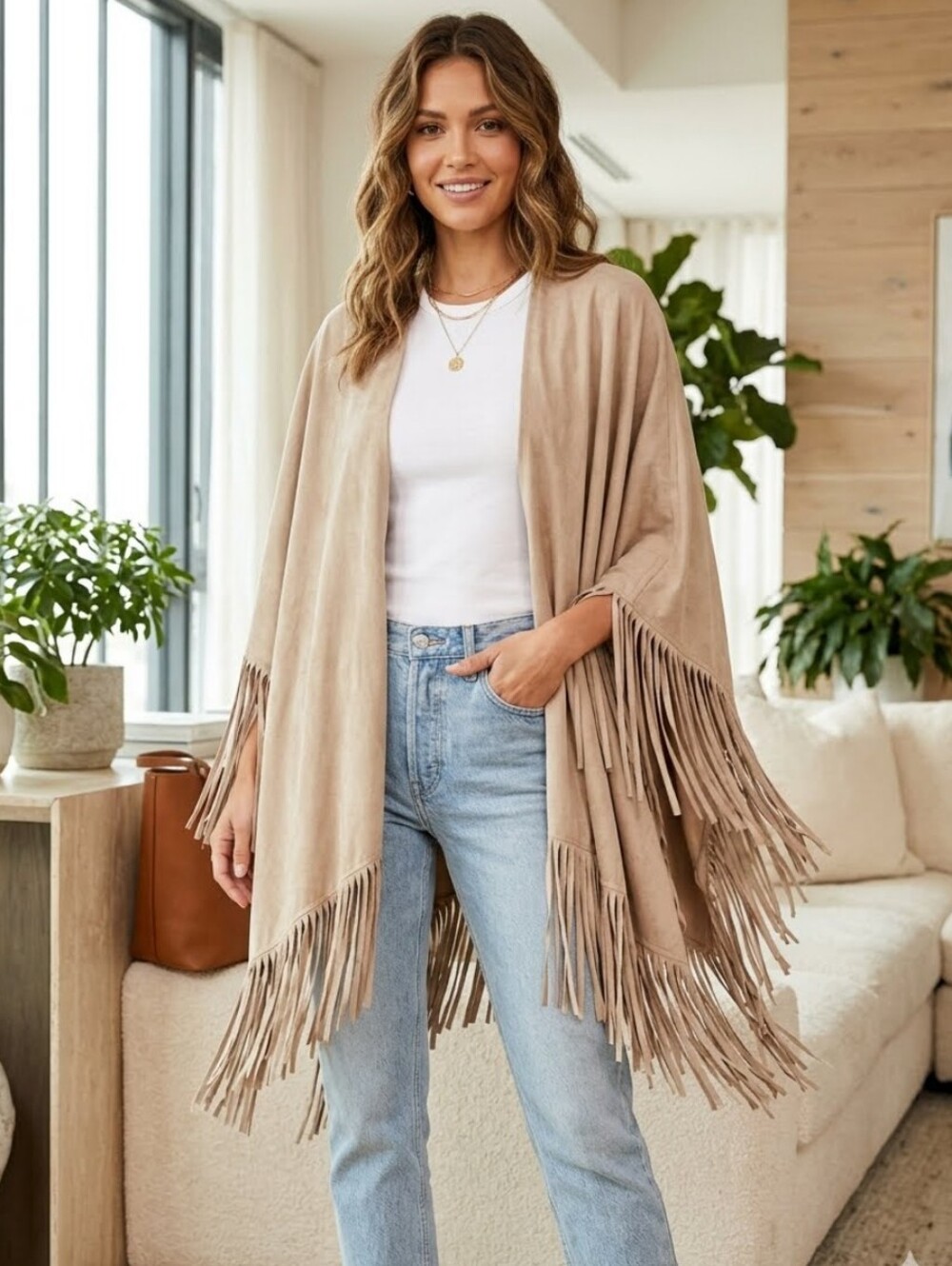 Passport Made in Italy Beige/Tan Faux Suede Fringe Poncho Wrap Shawl Boho Cape